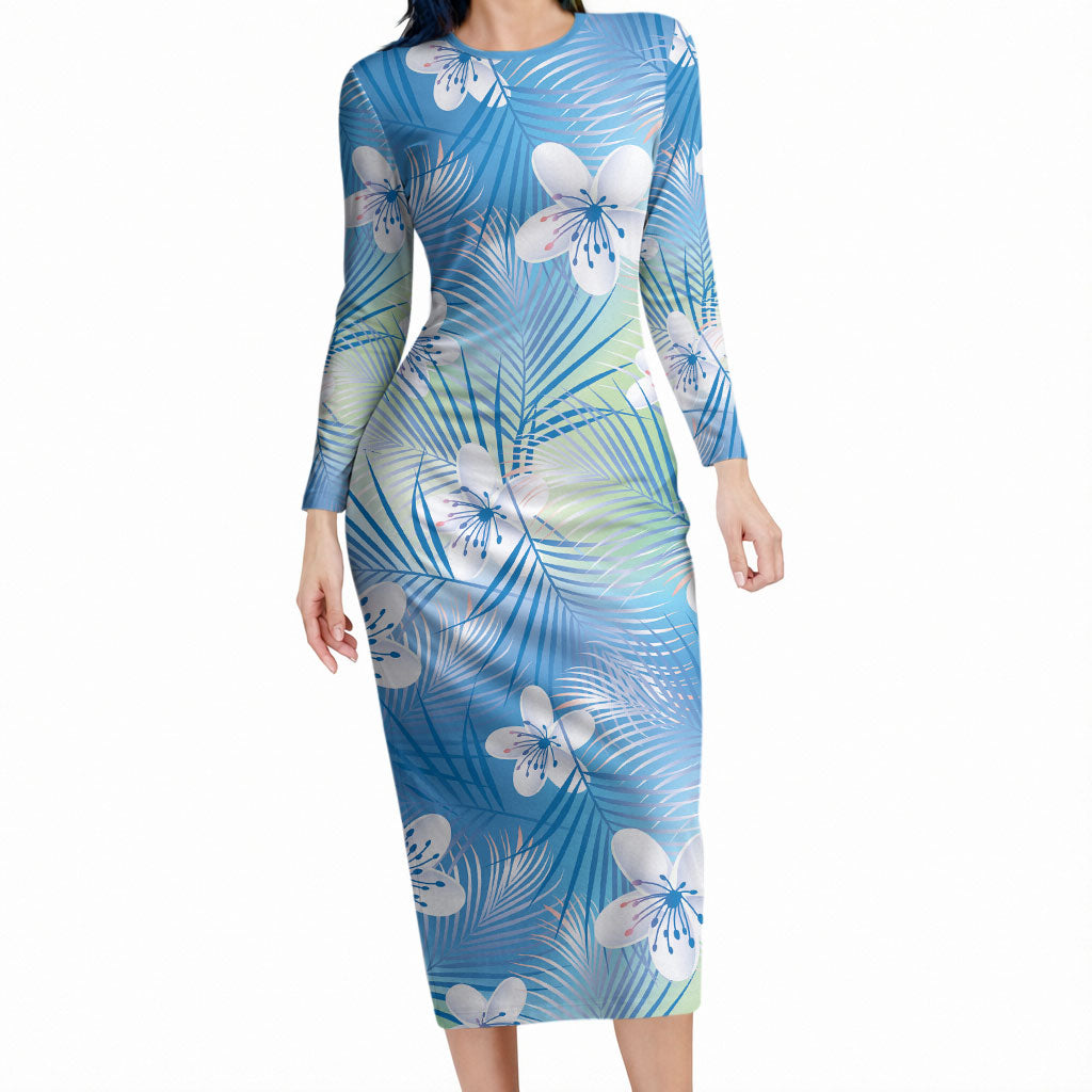 Blue Aloha Hawaiian Long Sleeve Bodycon Dress Tropical Flower Palm Leaf Pattern LT19 Long Dress Blue - Polynesian Pride