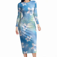 Blue Aloha Hawaiian Long Sleeve Bodycon Dress Tropical Flower Palm Leaf Pattern LT19 Long Dress Blue - Polynesian Pride