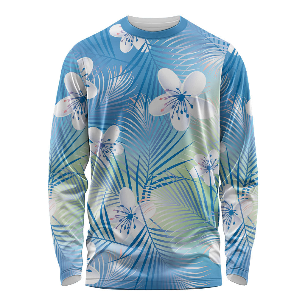 Blue Aloha Hawaiian Long Sleeve Shirt Tropical Flower Palm Leaf Pattern LT19 Unisex Blue - Polynesian Pride