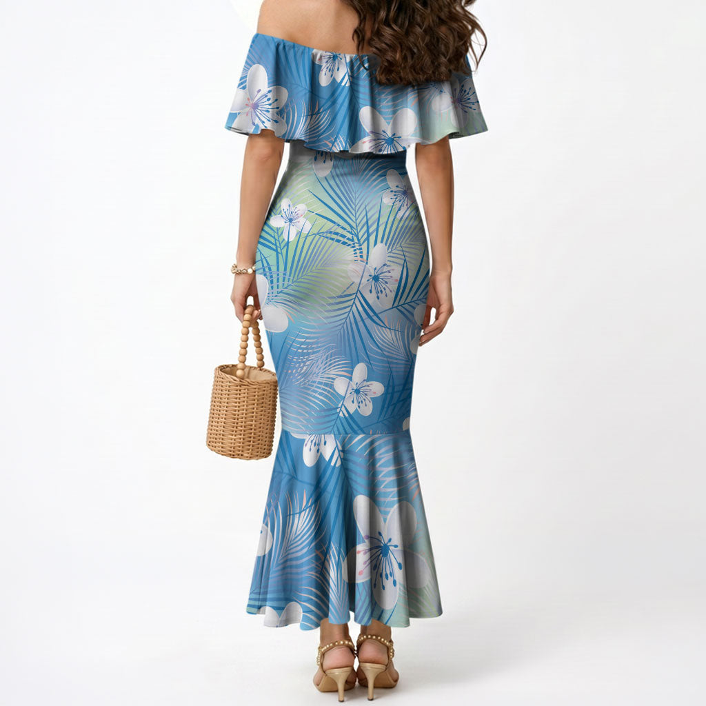 Blue Aloha Hawaiian Mermaid Dress Tropical Flower Palm Leaf Pattern LT19 - Polynesian Pride
