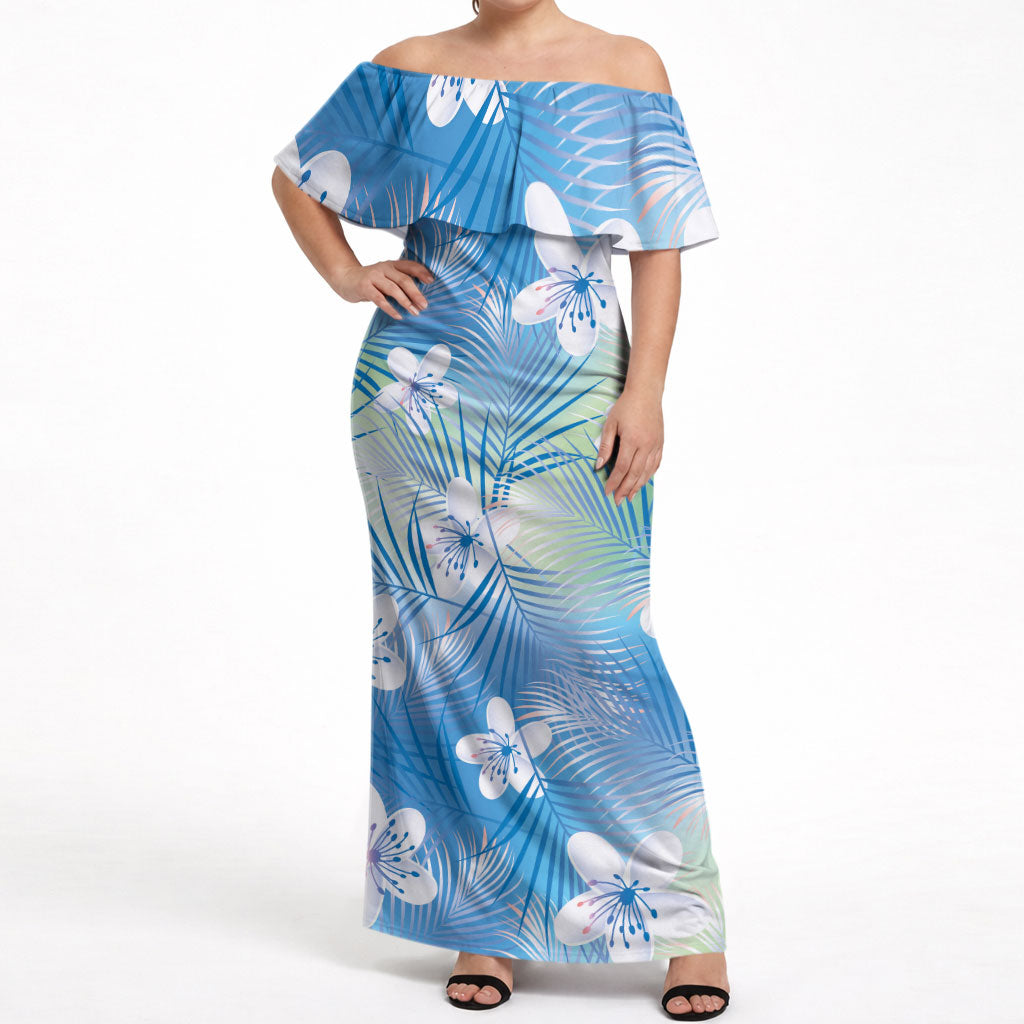 Blue Aloha Hawaiian Off Shoulder Maxi Dress Tropical Flower Palm Leaf Pattern LT19 Women Blue - Polynesian Pride