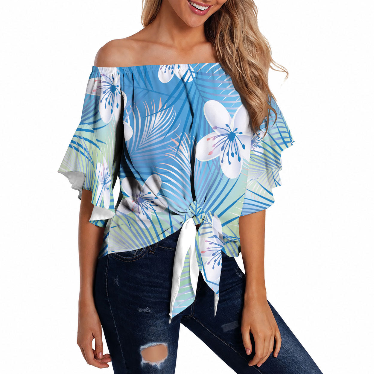 Blue Aloha Hawaiian Off Shoulder Wrap Waist Top Tropical Flower Palm Leaf Pattern LT19 Blue - Polynesian Pride