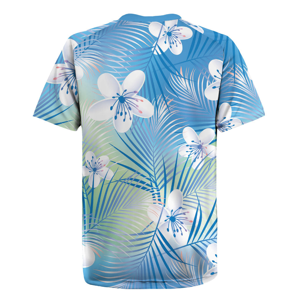 Blue Aloha Hawaiian Rugby Jersey Tropical Flower Palm Leaf Pattern LT19 - Polynesian Pride