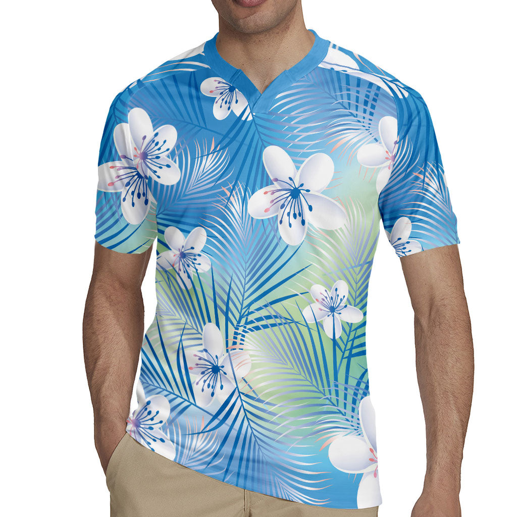 Blue Aloha Hawaiian Rugby Jersey Tropical Flower Palm Leaf Pattern LT19 - Polynesian Pride