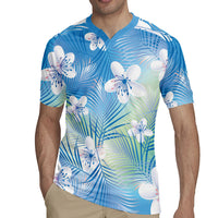Blue Aloha Hawaiian Rugby Jersey Tropical Flower Palm Leaf Pattern LT19 - Polynesian Pride