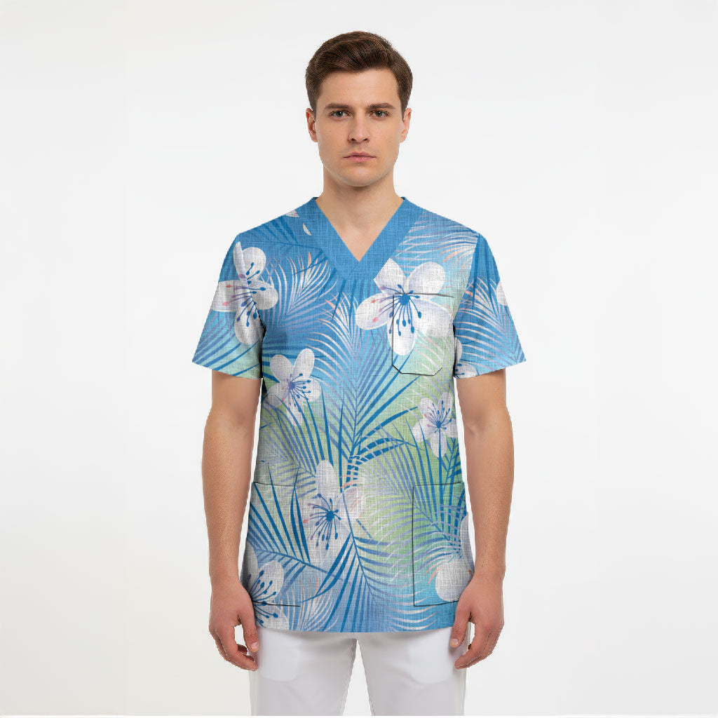 Blue Aloha Hawaiian Scrub Top Tropical Flower Palm Leaf Pattern LT19 - Polynesian Pride