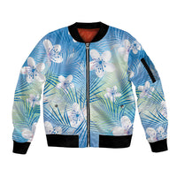 Blue Aloha Hawaiian Sleeve Zip Bomber Jacket Tropical Flower Palm Leaf Pattern LT19 Unisex Blue - Polynesian Pride
