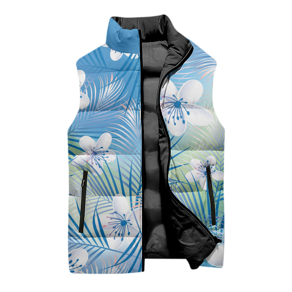 Blue Aloha Hawaiian Sleeveless Puffer Jacket Tropical Flower Palm Leaf Pattern LT19 - Polynesian Pride