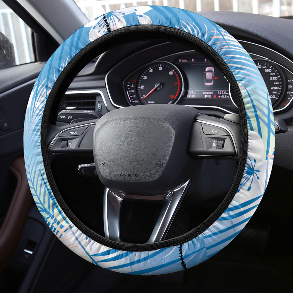 Blue Aloha Hawaiian Steering Wheel Cover Tropical Flower Palm Leaf Pattern LT19 - Polynesian Pride