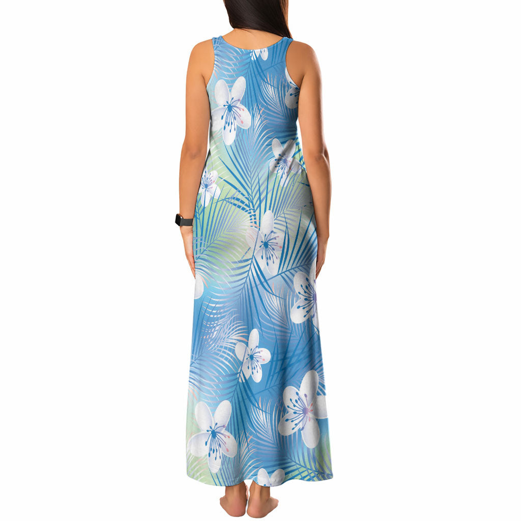 Blue Aloha Hawaiian Tank Maxi Dress Tropical Flower Palm Leaf Pattern LT19 - Polynesian Pride