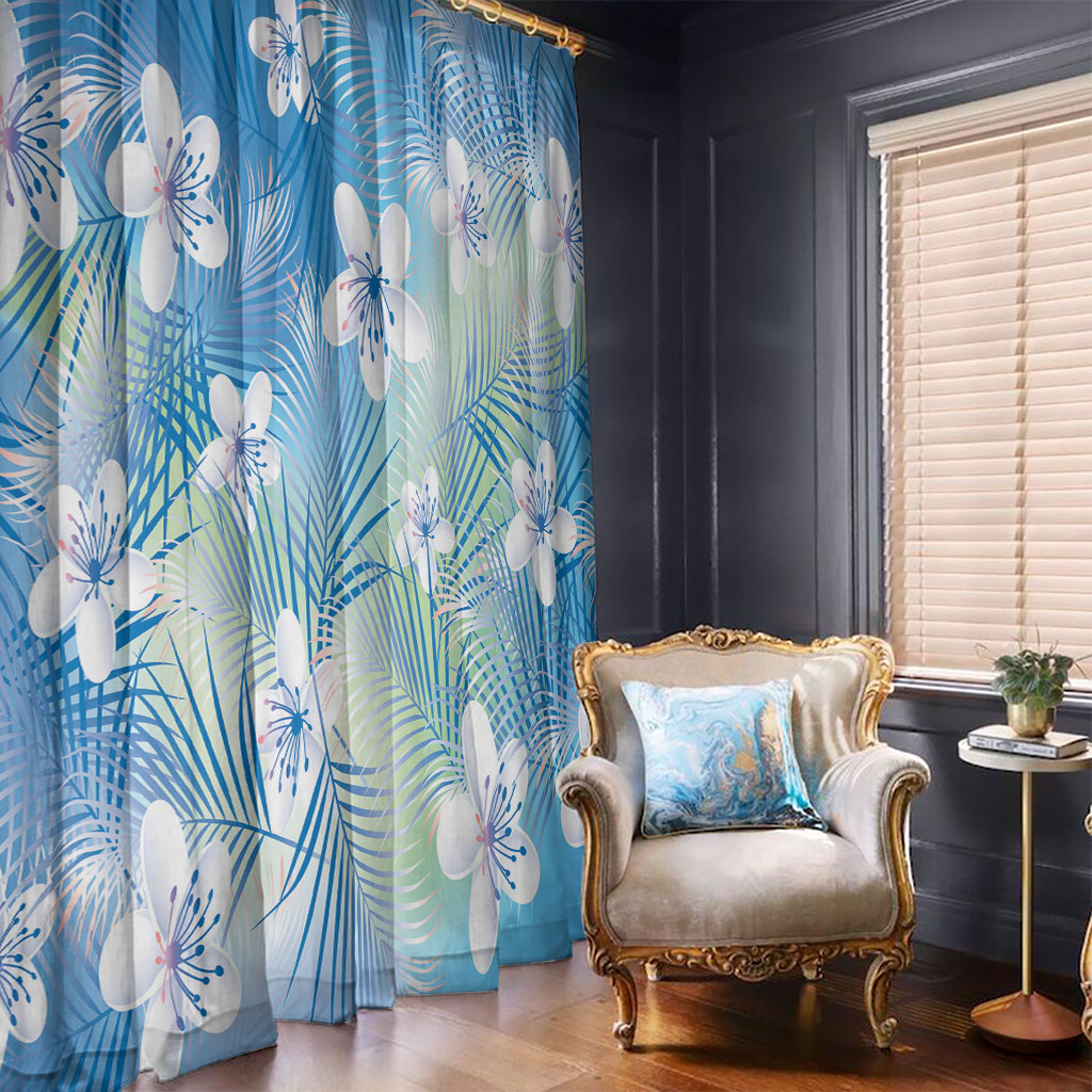 Blue Aloha Hawaiian Window Curtain Tropical Flower Palm Leaf Pattern LT19 - Polynesian Pride