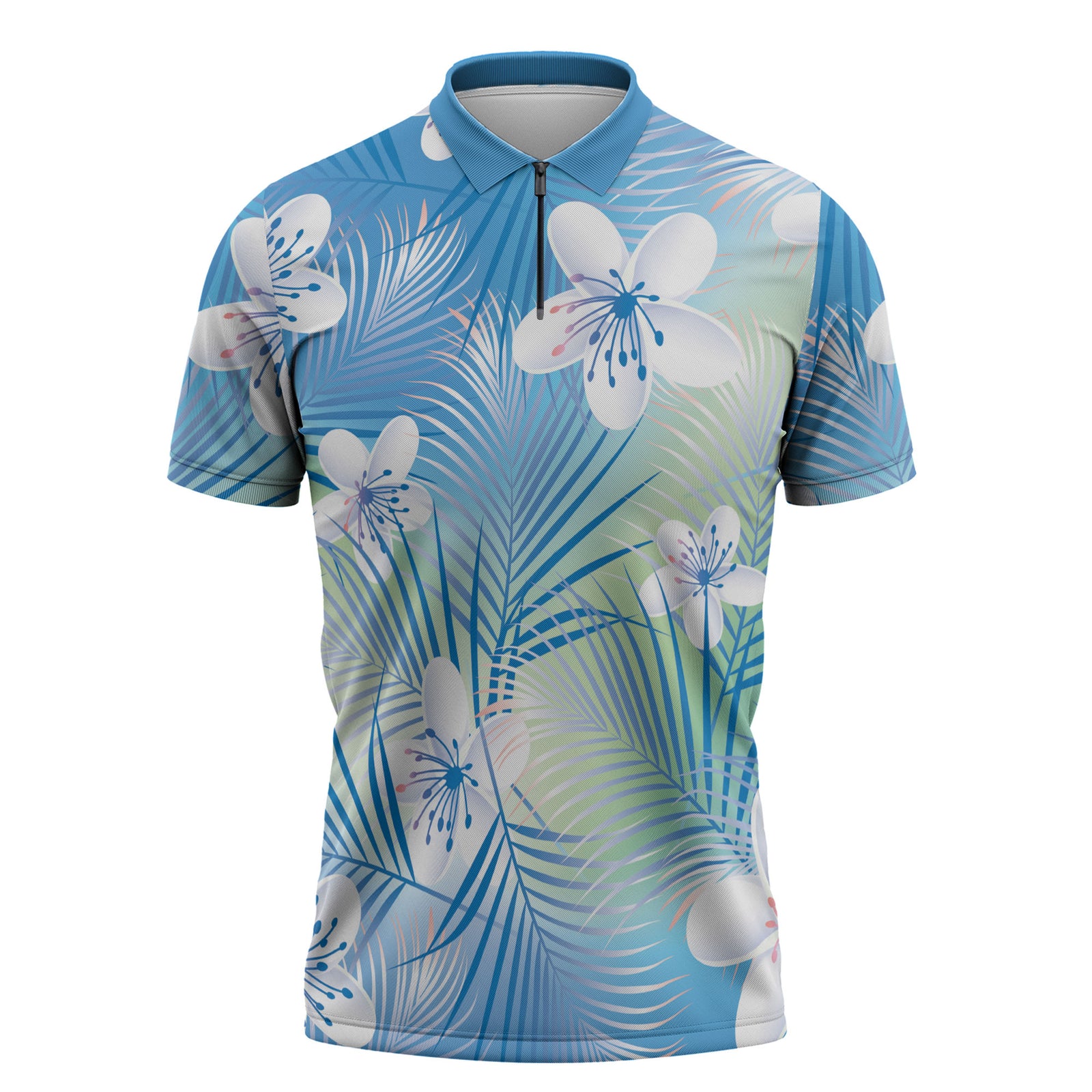 Blue Aloha Hawaiian Zipper Polo Shirt Tropical Flower Palm Leaf Pattern LT19 Blue - Polynesian Pride