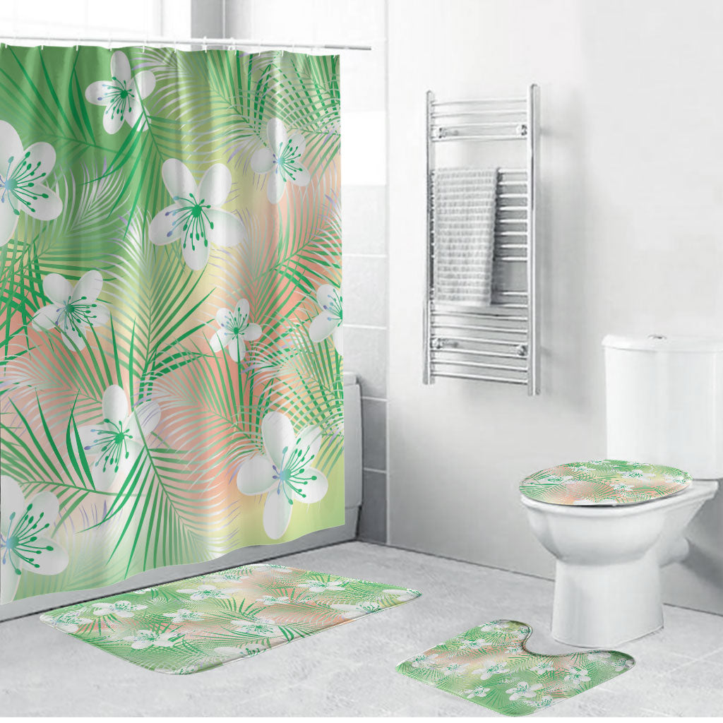 Green Aloha Hawaiian Bathroom Set Tropical Flower Palm Leaf Pattern LT19 Bathroom Set (4 pcs) Green - Polynesian Pride