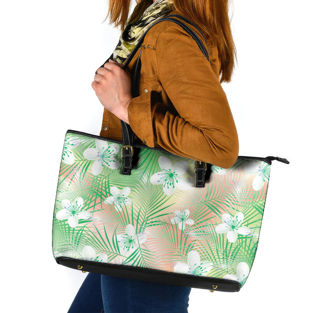 Green Aloha Hawaiian Leather Tote Bag Tropical Flower Palm Leaf Pattern LT19 Green - Polynesian Pride