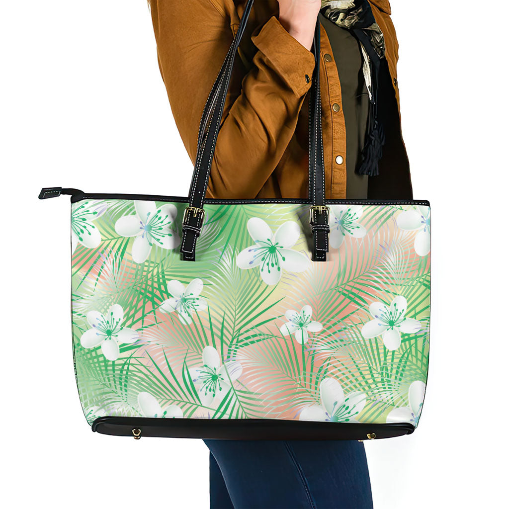Green Aloha Hawaiian Leather Tote Bag Tropical Flower Palm Leaf Pattern LT19 - Polynesian Pride