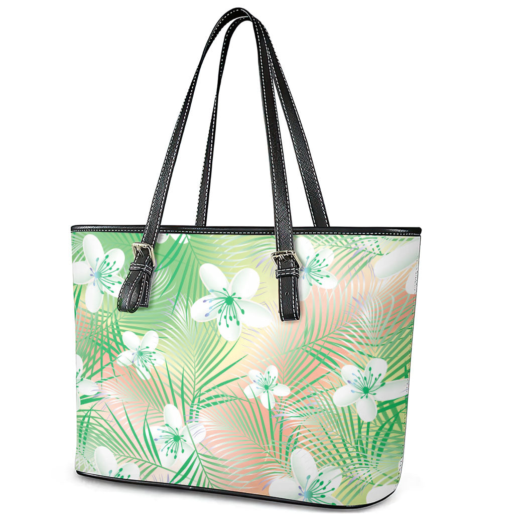 Green Aloha Hawaiian Leather Tote Bag Tropical Flower Palm Leaf Pattern LT19 - Polynesian Pride
