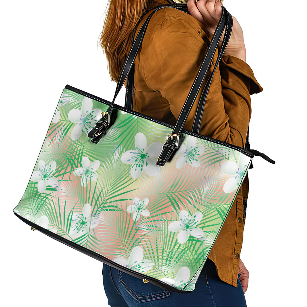 Green Aloha Hawaiian Leather Tote Bag Tropical Flower Palm Leaf Pattern LT19 - Polynesian Pride