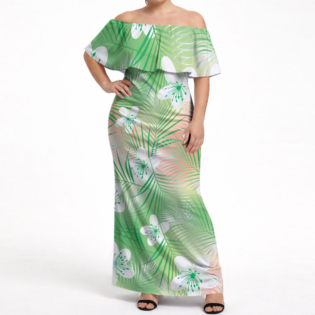 Green Aloha Hawaiian Off Shoulder Maxi Dress Tropical Flower Palm Leaf Pattern LT19 Women Green - Polynesian Pride