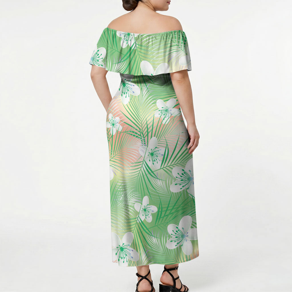Green Aloha Hawaiian Off Shoulder Maxi Dress Tropical Flower Palm Leaf Pattern LT19 - Polynesian Pride