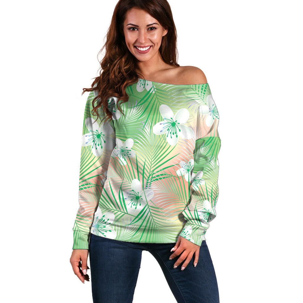 Green Aloha Hawaiian Off Shoulder Sweater Tropical Flower Palm Leaf Pattern LT19 Women Green - Polynesian Pride