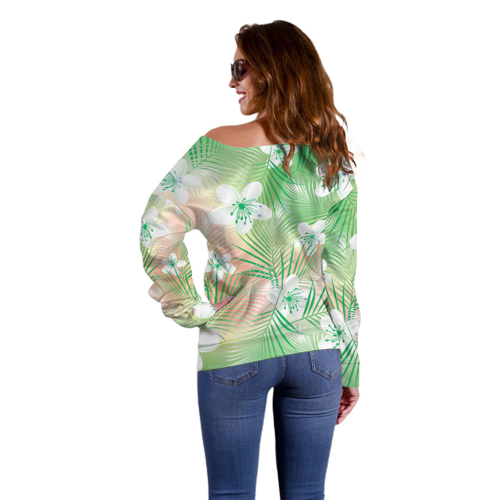 Green Aloha Hawaiian Off Shoulder Sweater Tropical Flower Palm Leaf Pattern LT19 - Polynesian Pride