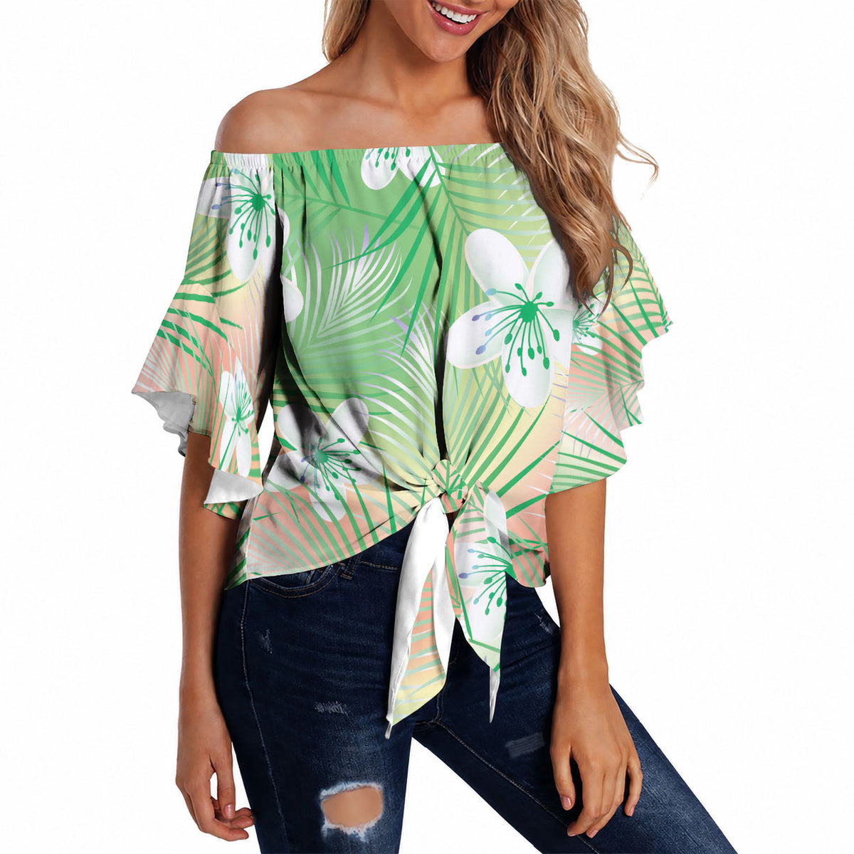 Green Aloha Hawaiian Off Shoulder Wrap Waist Top Tropical Flower Palm Leaf Pattern LT19 Green - Polynesian Pride