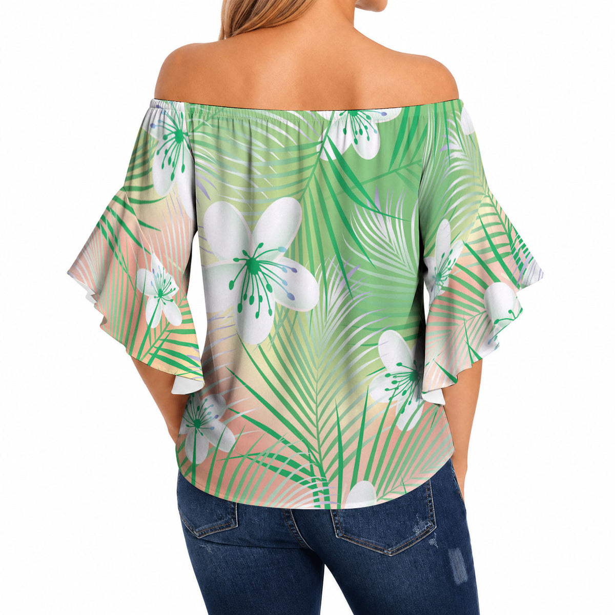 Green Aloha Hawaiian Off Shoulder Wrap Waist Top Tropical Flower Palm Leaf Pattern LT19 - Polynesian Pride