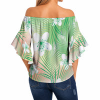 Green Aloha Hawaiian Off Shoulder Wrap Waist Top Tropical Flower Palm Leaf Pattern LT19 - Polynesian Pride