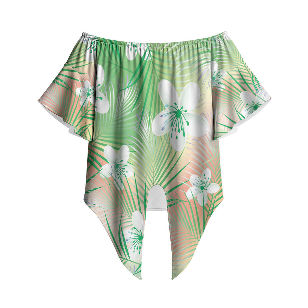 Green Aloha Hawaiian Off Shoulder Wrap Waist Top Tropical Flower Palm Leaf Pattern LT19 - Polynesian Pride