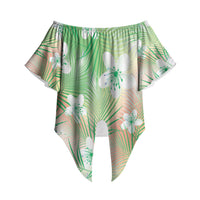 Green Aloha Hawaiian Off Shoulder Wrap Waist Top Tropical Flower Palm Leaf Pattern LT19 - Polynesian Pride