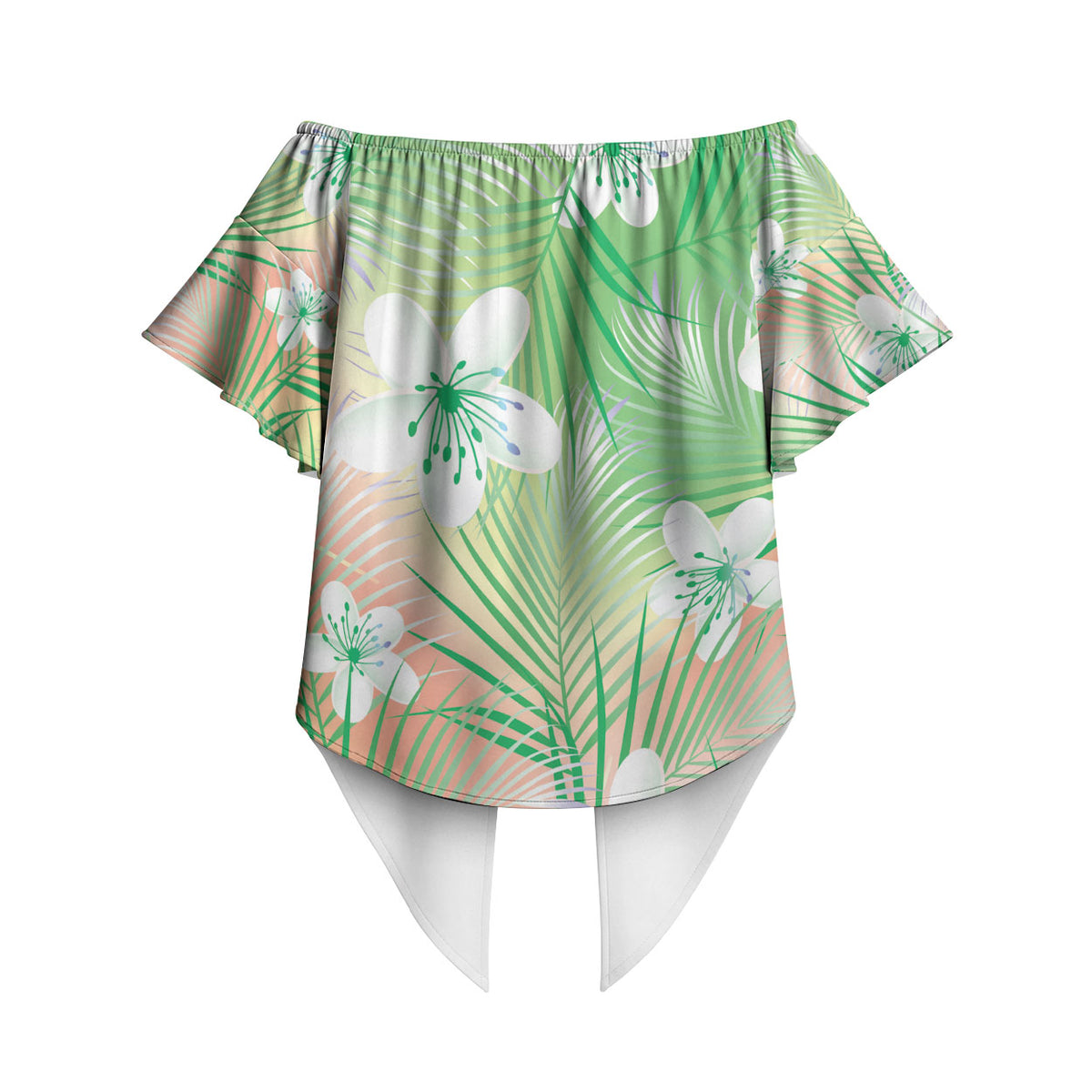 Green Aloha Hawaiian Off Shoulder Wrap Waist Top Tropical Flower Palm Leaf Pattern LT19 - Polynesian Pride