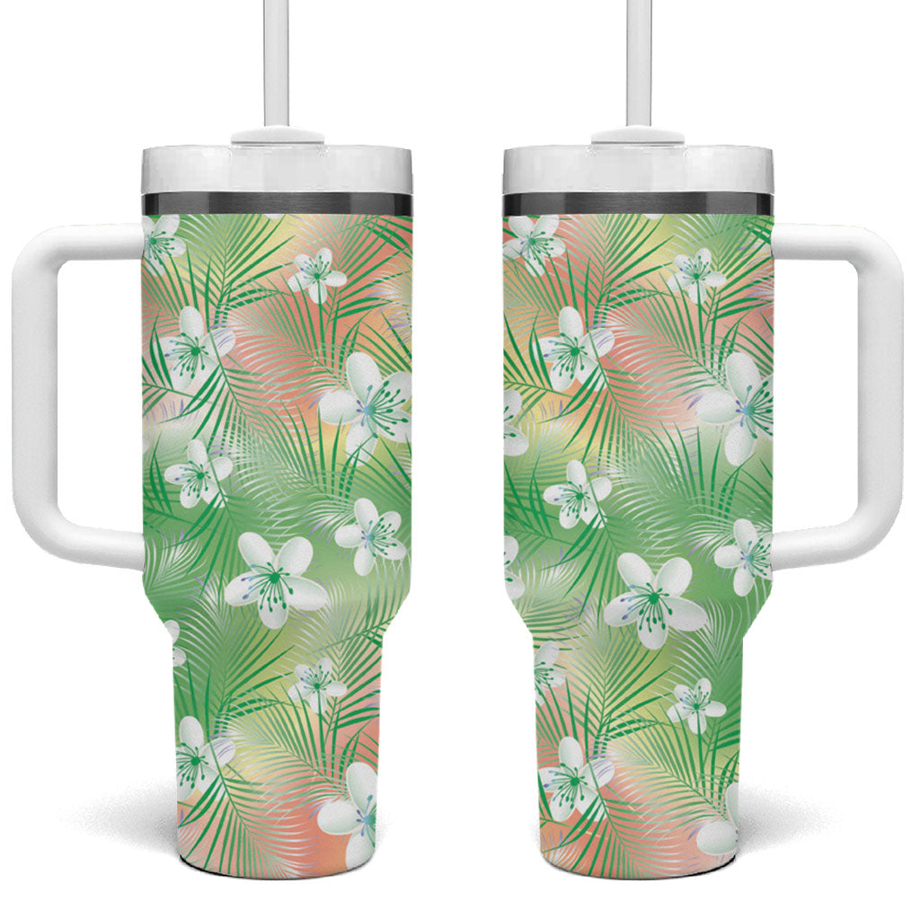 Green Aloha Hawaiian Tumbler With Handle Tropical Flower Palm Leaf Pattern LT19 One Size: 40 oz Green - Polynesian Pride