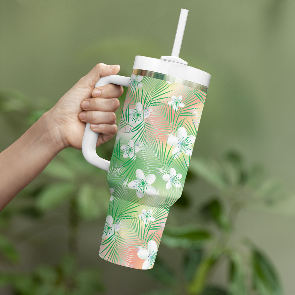 Green Aloha Hawaiian Tumbler With Handle Tropical Flower Palm Leaf Pattern LT19 - Polynesian Pride