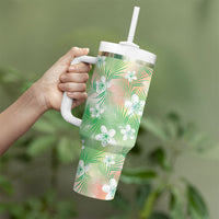 Green Aloha Hawaiian Tumbler With Handle Tropical Flower Palm Leaf Pattern LT19 - Polynesian Pride