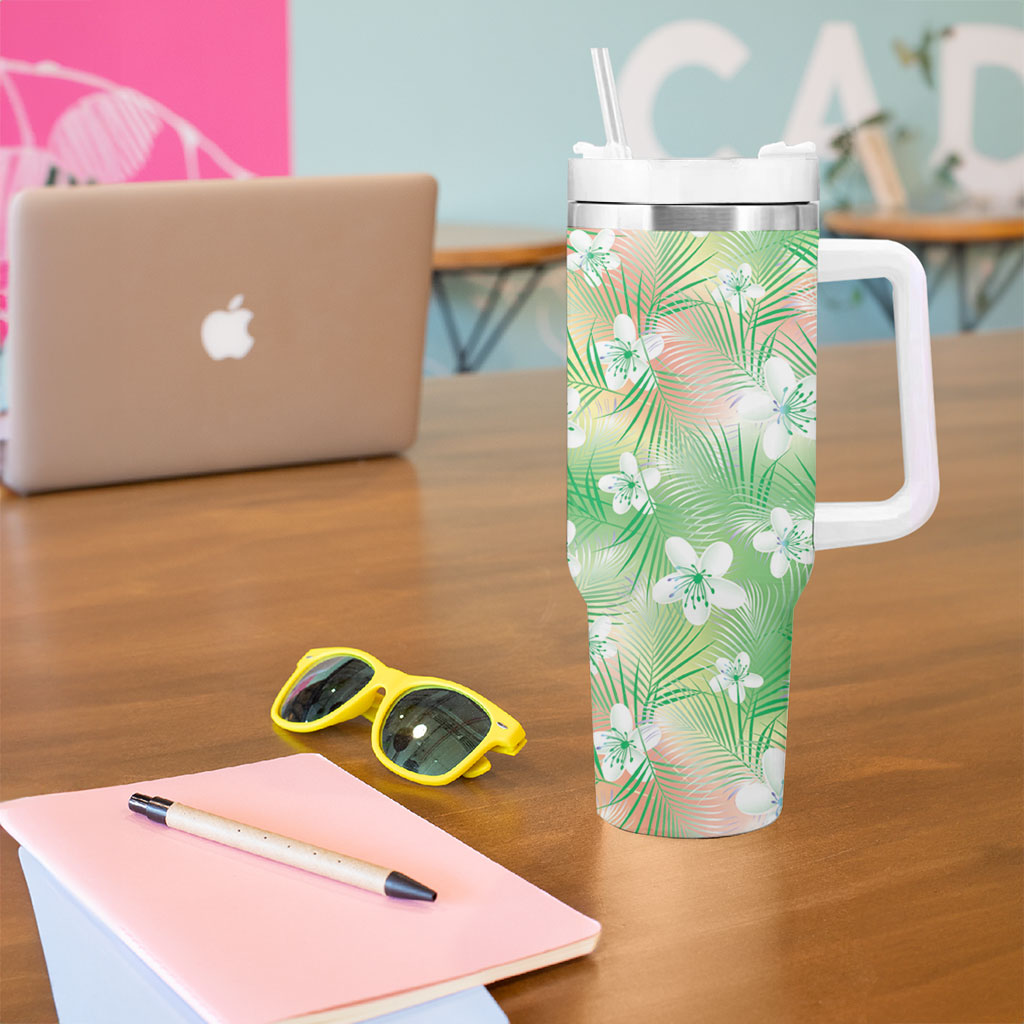 Green Aloha Hawaiian Tumbler With Handle Tropical Flower Palm Leaf Pattern LT19 - Polynesian Pride