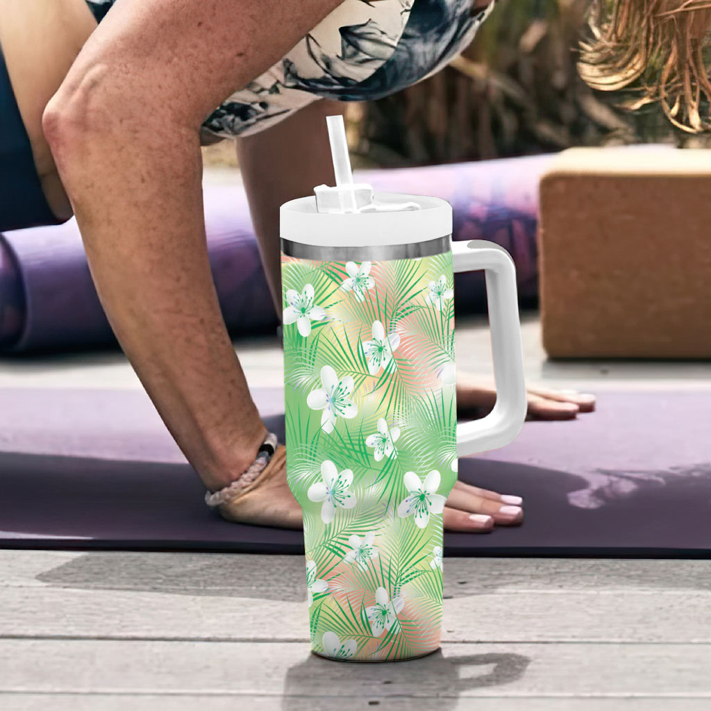 Green Aloha Hawaiian Tumbler With Handle Tropical Flower Palm Leaf Pattern LT19 - Polynesian Pride