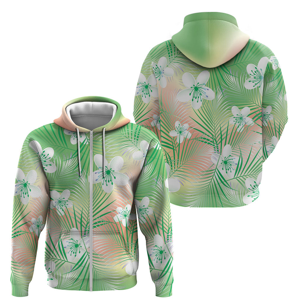 Green Aloha Hawaiian Zip Hoodie Tropical Flower Palm Leaf Pattern LT19 - Polynesian Pride
