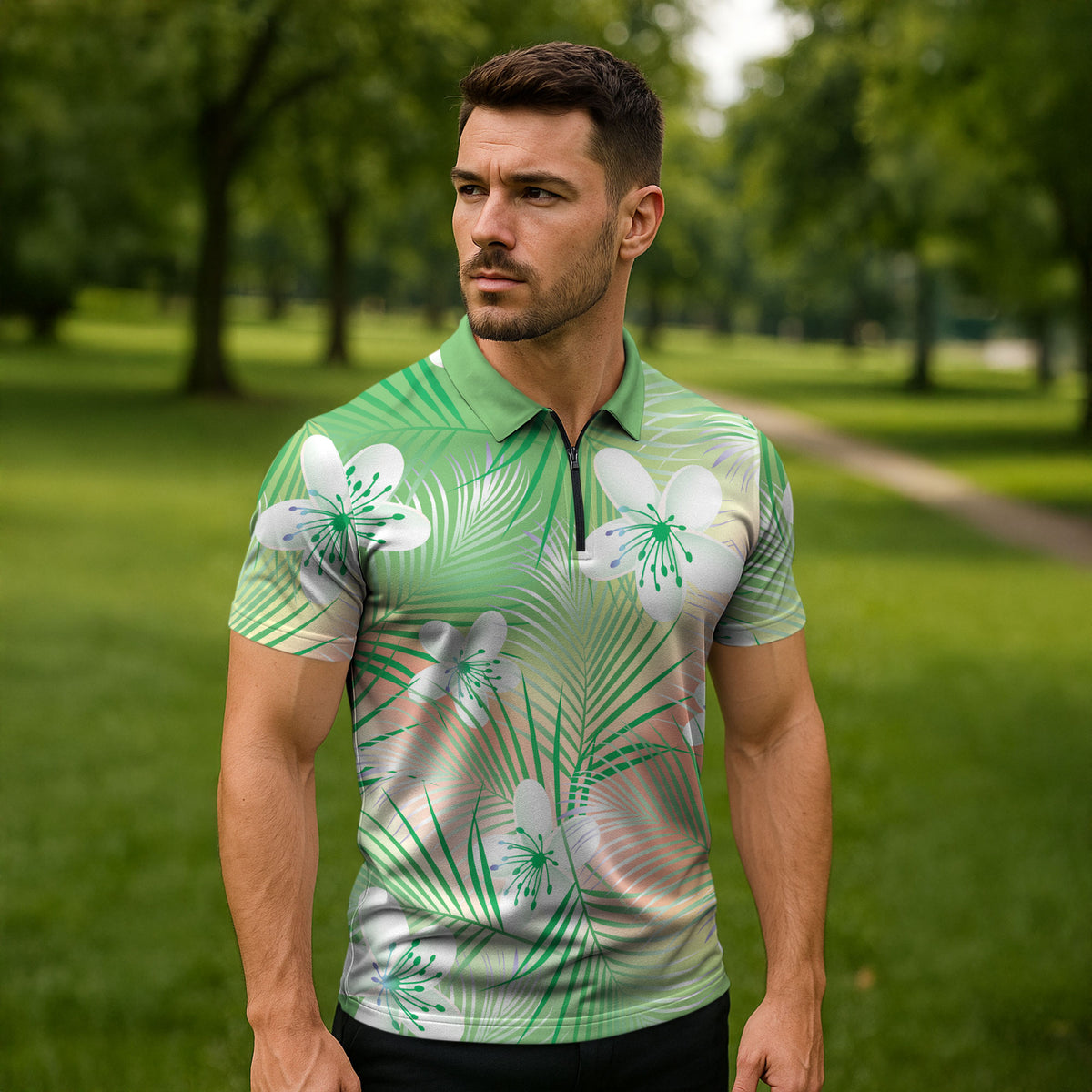 Green Aloha Hawaiian Zipper Polo Shirt Tropical Flower Palm Leaf Pattern LT19 - Polynesian Pride