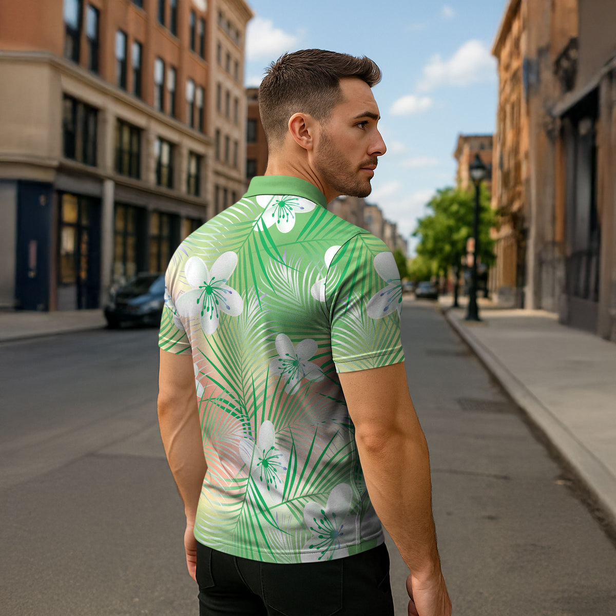 Green Aloha Hawaiian Zipper Polo Shirt Tropical Flower Palm Leaf Pattern LT19 - Polynesian Pride