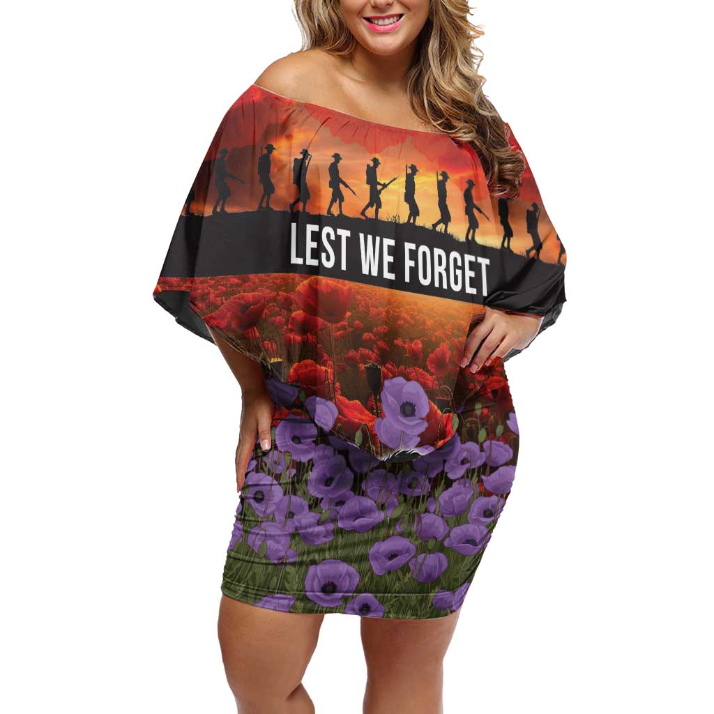 Personalised ANZAC Day Off Shoulder Short Dress Remembering the Animals of War LT19 Women Purple - Polynesian Pride