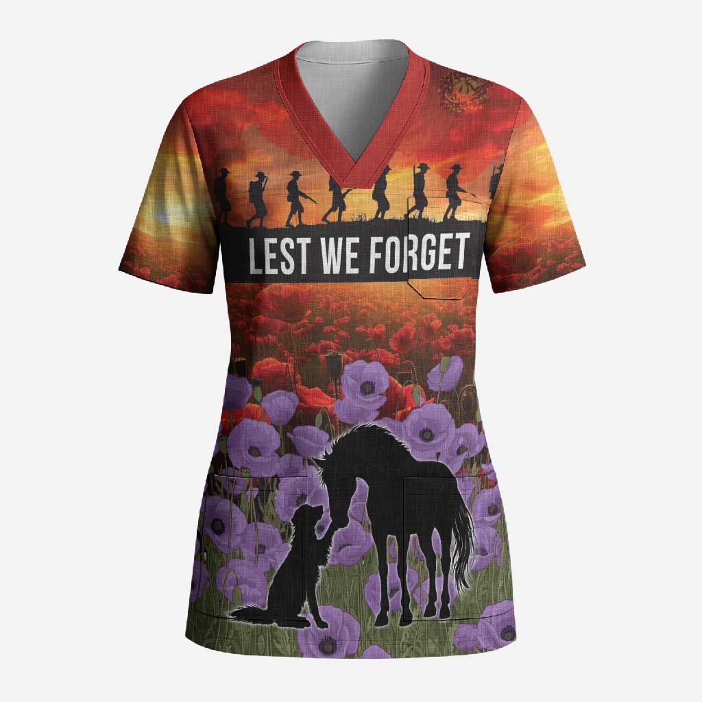 Personalised ANZAC Day Scrub Top Remembering the Animals of War LT19 Adult Purple - Polynesian Pride