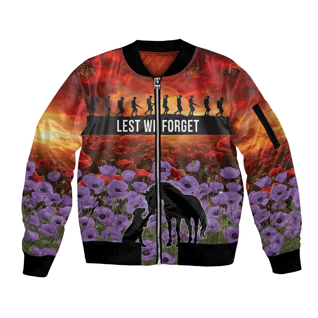 Personalised ANZAC Day Sleeve Zip Bomber Jacket Remembering the Animals of War LT19 Unisex Purple - Polynesian Pride