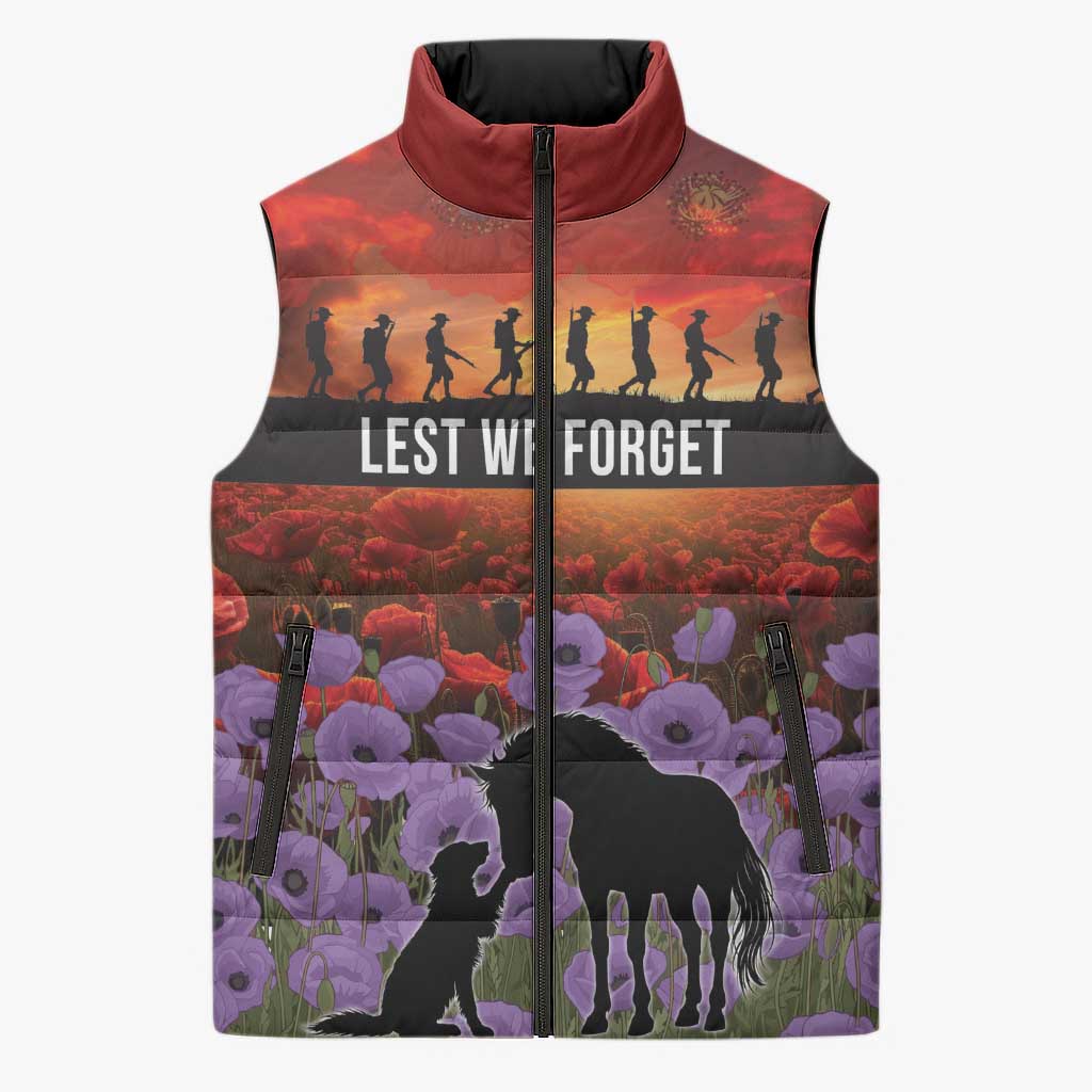 Personalised ANZAC Day Sleeveless Puffer Jacket Remembering the Animals of War LT19 Unisex Purple - Polynesian Pride