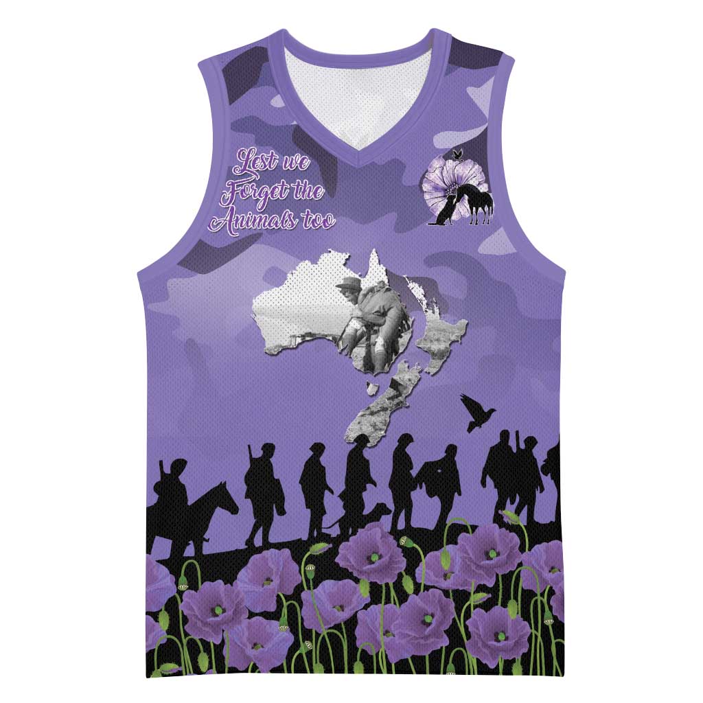 ANZAC Day Basketball Jersey Lest We Forget the Animals Too LT19 Unisex Purple - Polynesian Pride