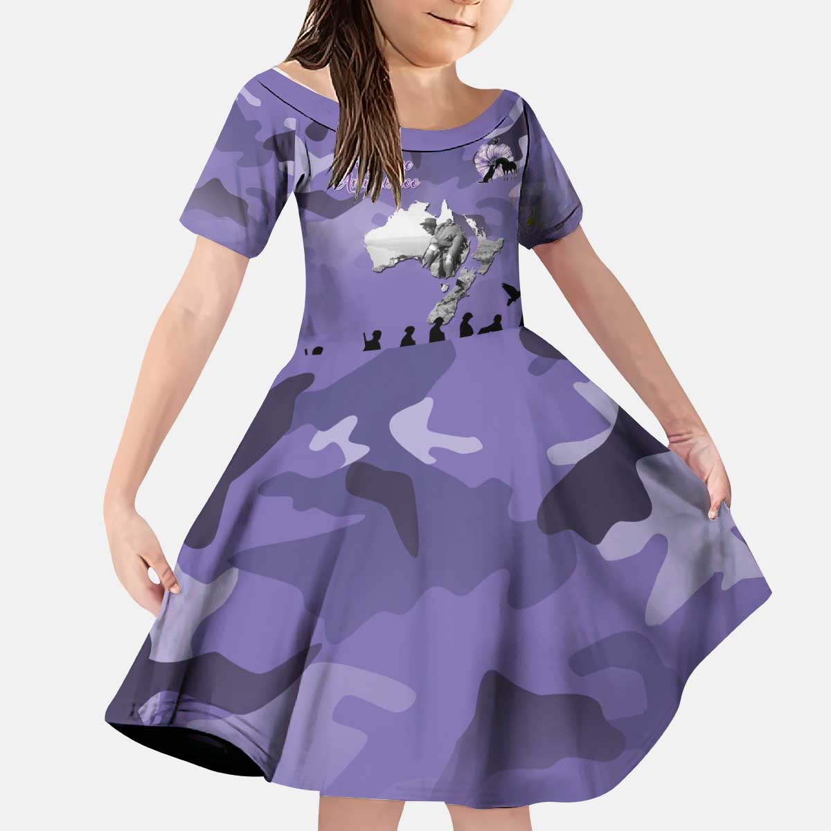 ANZAC Day Kid Short Sleeve Dress Lest We Forget the Animals Too LT19 KID Purple - Polynesian Pride
