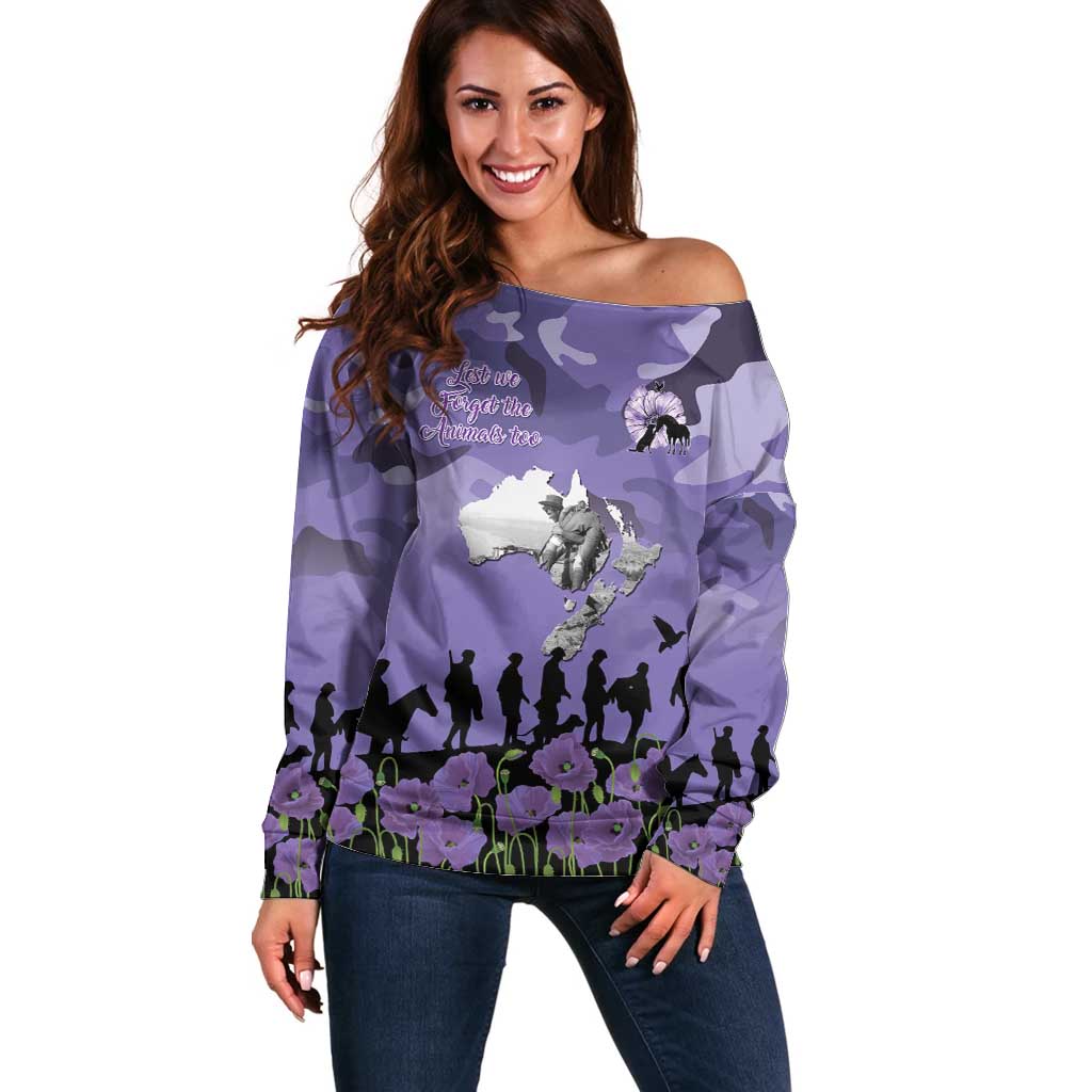ANZAC Day Off Shoulder Sweater Lest We Forget the Animals Too LT19 Women Purple - Polynesian Pride