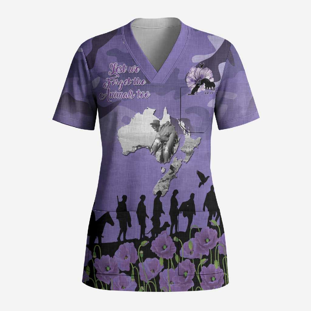 ANZAC Day Scrub Top Lest We Forget the Animals Too LT19 Adult Purple - Polynesian Pride