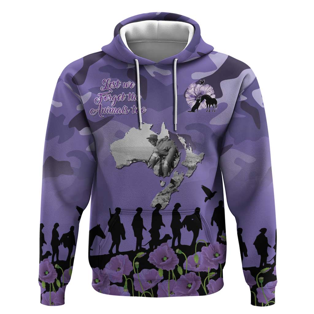 ANZAC Day Zip Hoodie Lest We Forget the Animals Too LT19 Pullover Hoodie Purple - Polynesian Pride