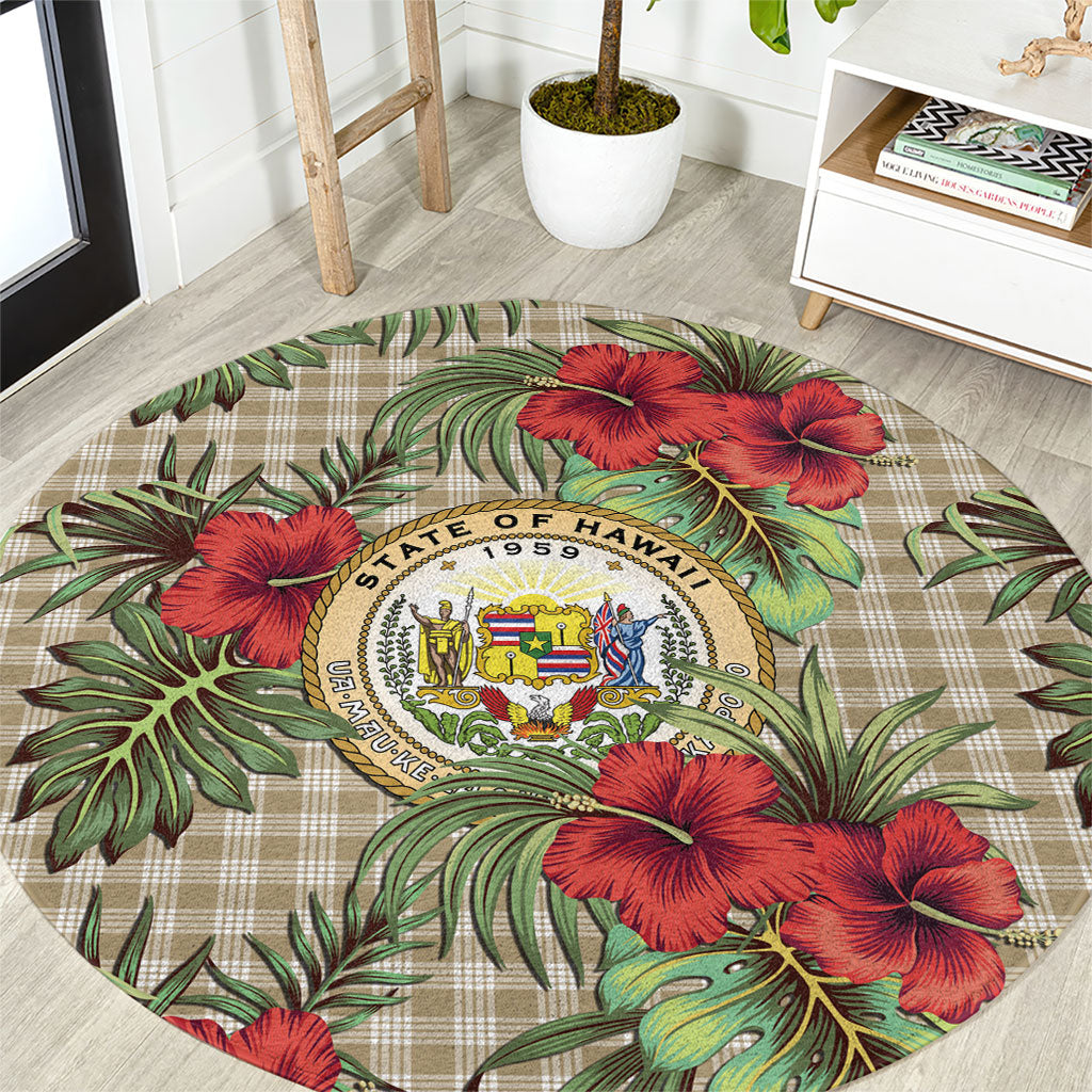 Vintage Hawaii Hibiscus Palaka Round Carpet Khaki Color LT19 Khaki - Polynesian Pride