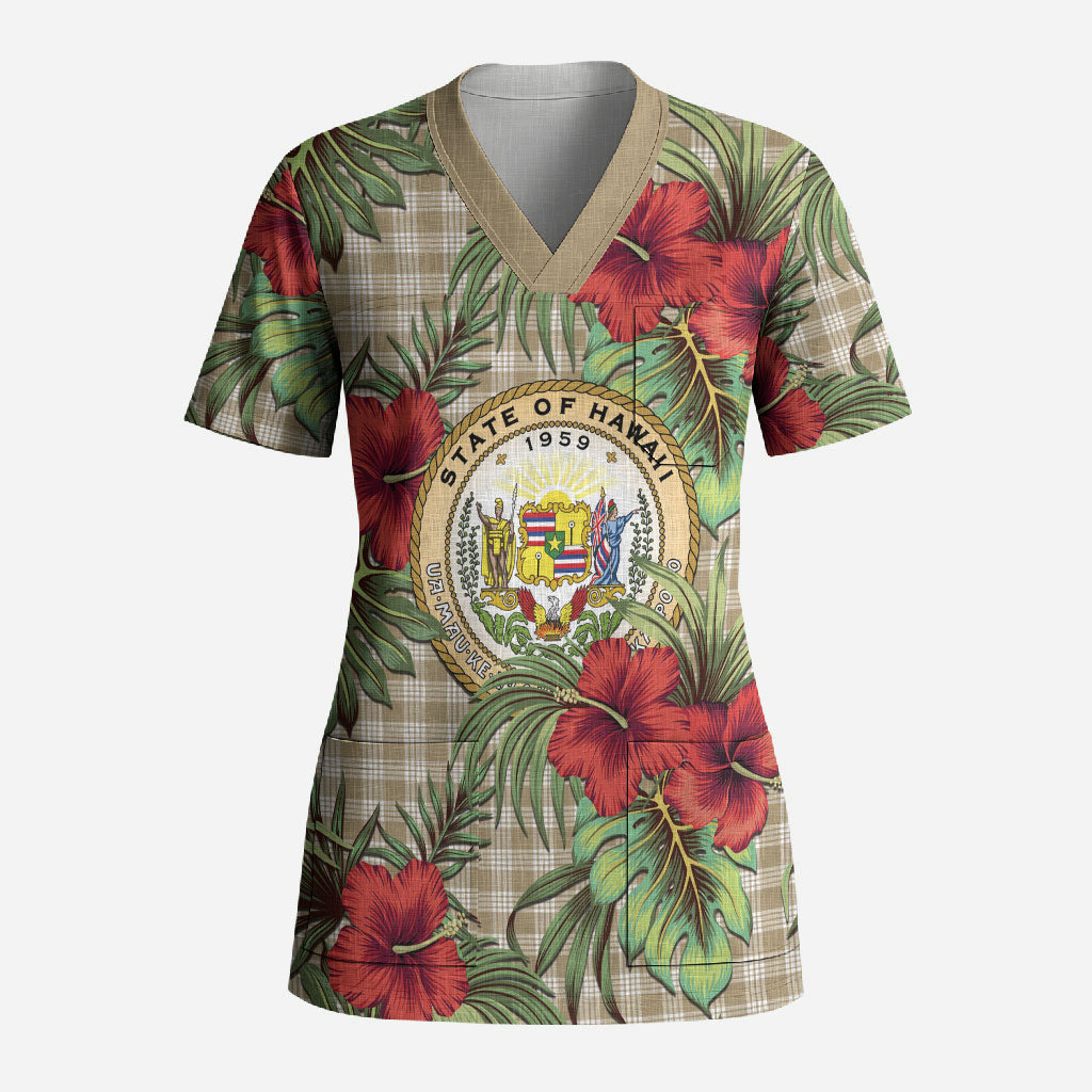 Vintage Hawaii Hibiscus Palaka Scrub Top Khaki Color LT19 Adult Khaki - Polynesian Pride